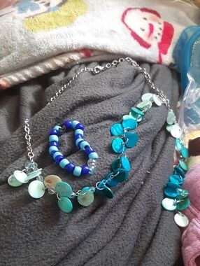 Turquoise Disc Charm Necklace and Blue Beaded Bracelet Set